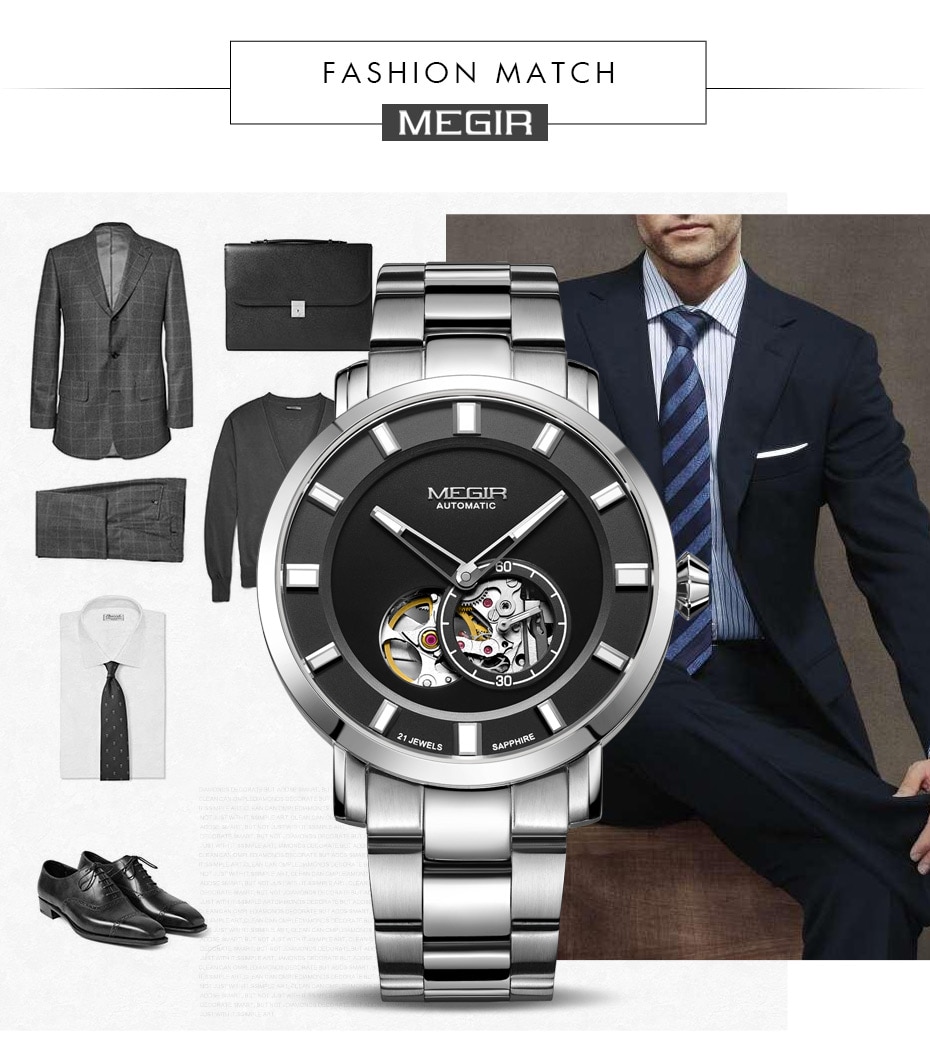 Luxury MEGIR Automatic Mechanical Watch Men Stainless Steel Business Wristwatches Clock Relogio Masculino Skeleton Men Watches
