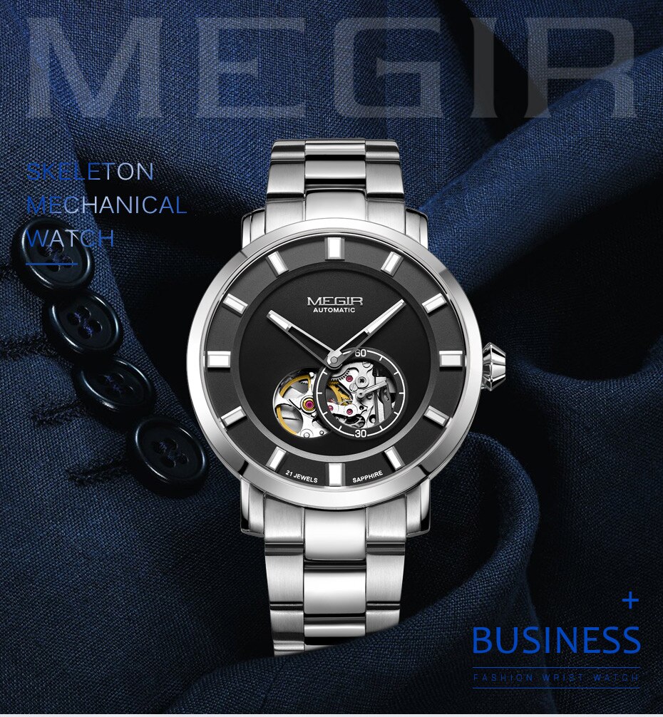 Luxury MEGIR Automatic Mechanical Watch Men Stainless Steel Business Wristwatches Clock Relogio Masculino Skeleton Men Watches