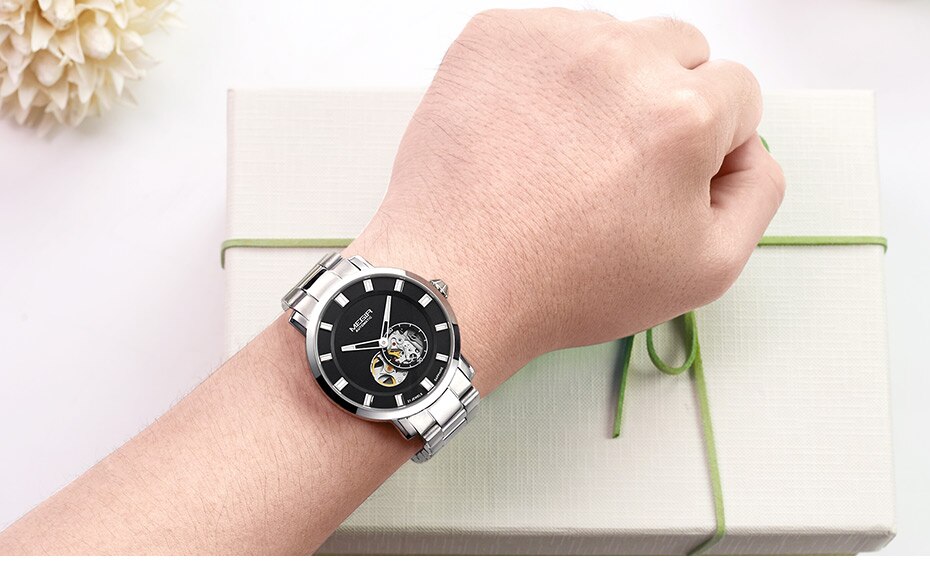 Luxury MEGIR Automatic Mechanical Watch Men Stainless Steel Business Wristwatches Clock Relogio Masculino Skeleton Men Watches