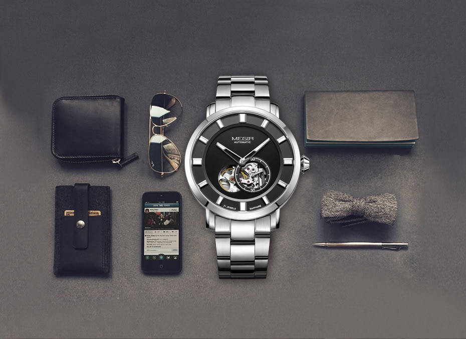 Luxury MEGIR Automatic Mechanical Watch Men Stainless Steel Business Wristwatches Clock Relogio Masculino Skeleton Men Watches
