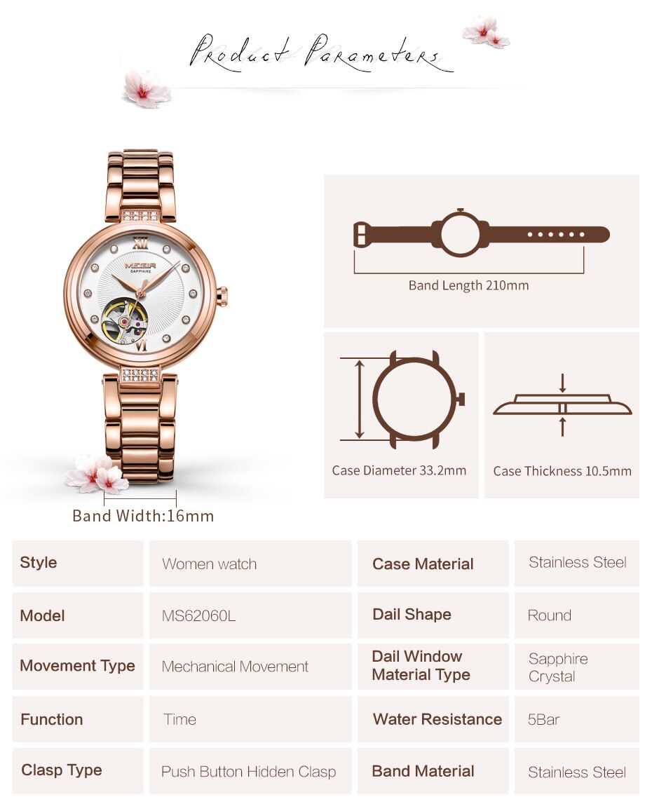 Luxury MEGIR Mechanical Women Watches Fashion Diamond Automatic Wrist Watch Women Ladies Hour Relogio Femenino Bayan Kol Saati