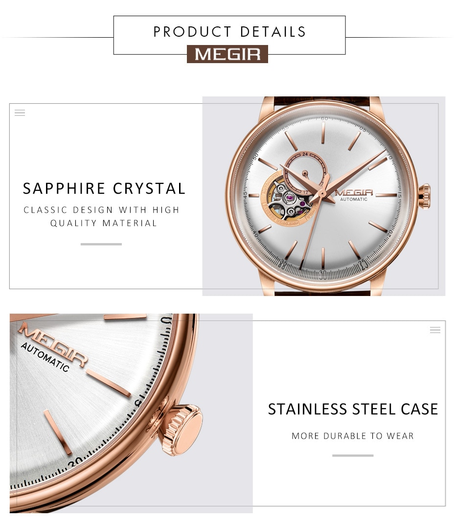 MEGIR Automatic Mechanical Watches Top Brand Luxury Skeleton Men Watch Clock Business Leather Wristwatches Relogio Masculino