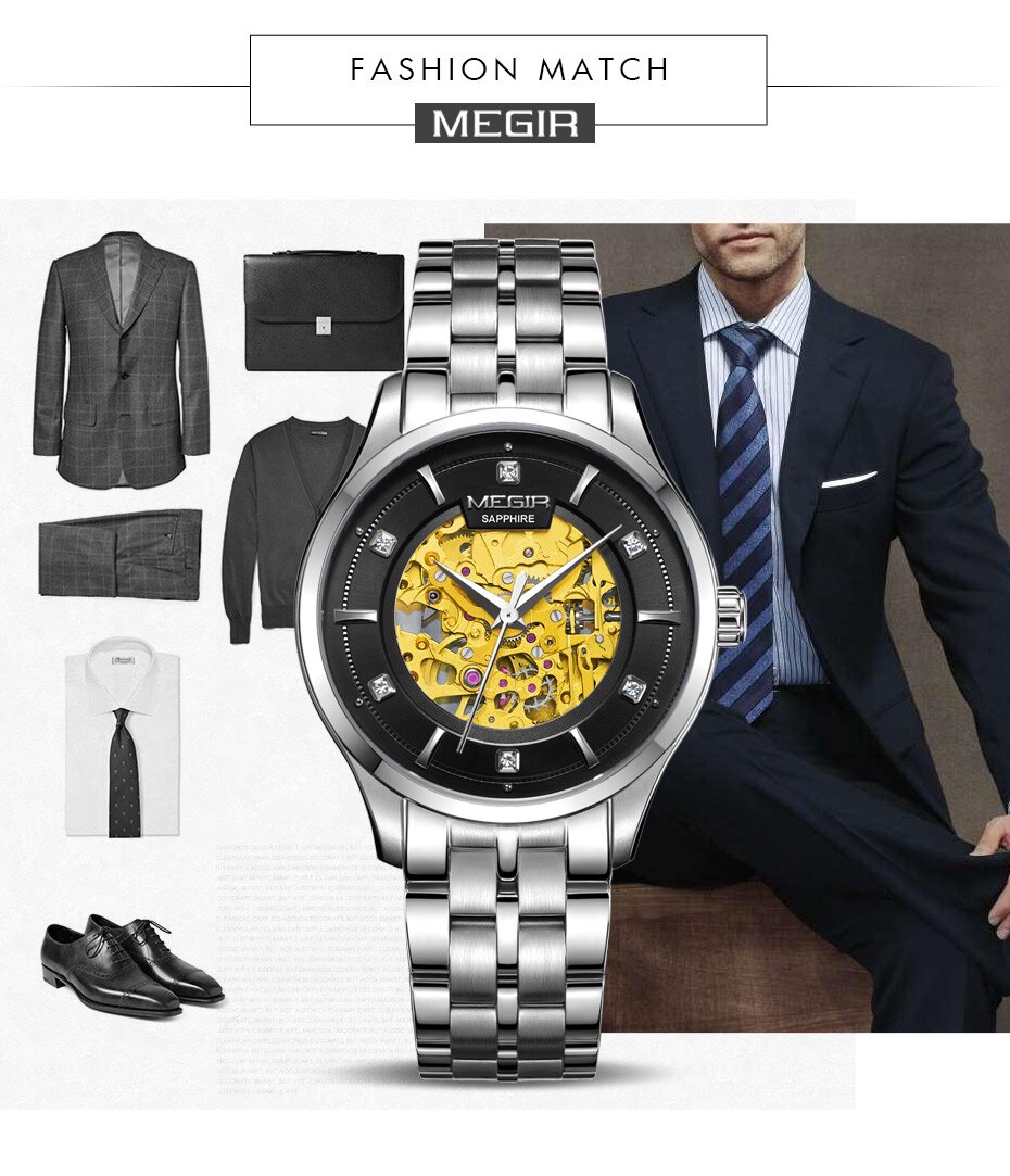 MEGIR Automatic Mechanical Watch Top Brand Luxury Skeleton Men Watches Leather Business Wristwatch Clock Montre Homme Relogios