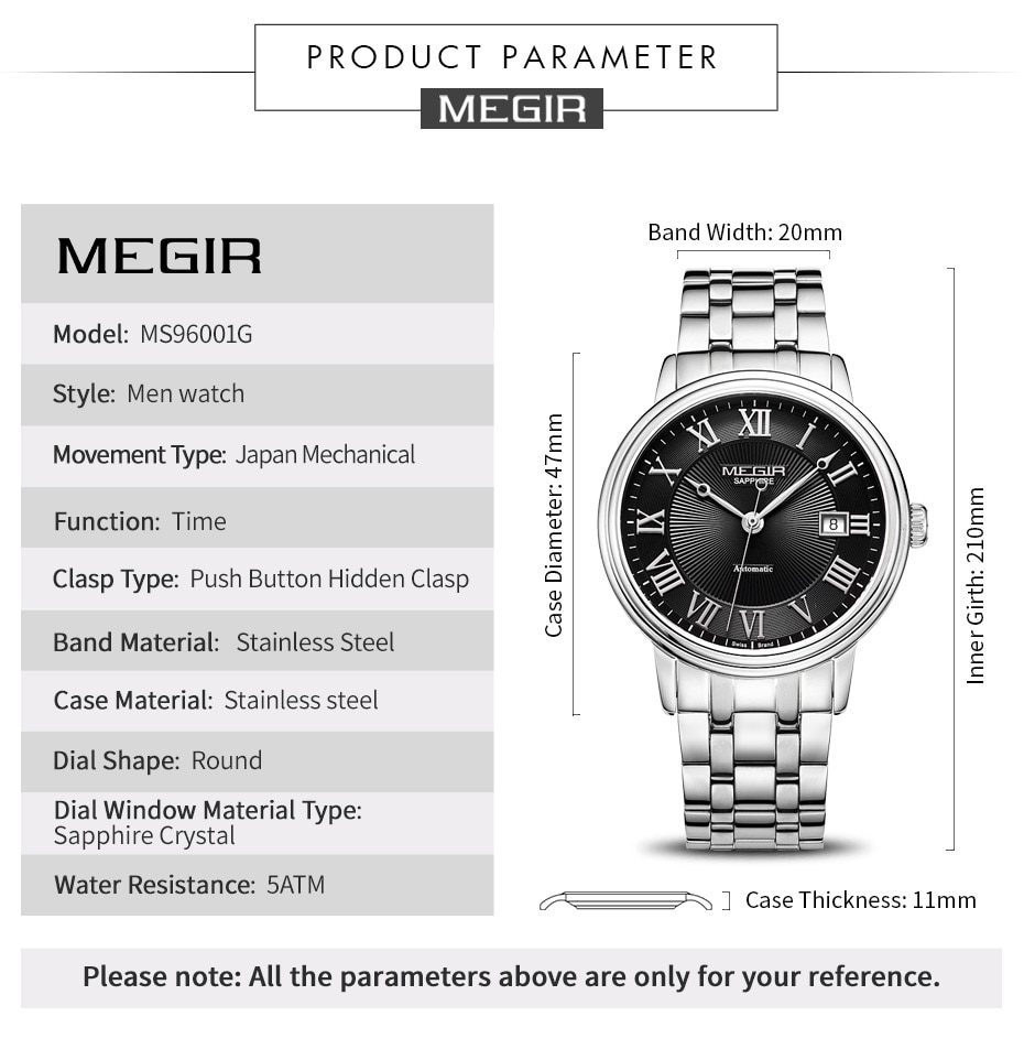 MEGIR Automatic Mechanical Watch Men Stainless Steel Mens Watches Top brand Luxury Business Wristwatches with Japan Movement