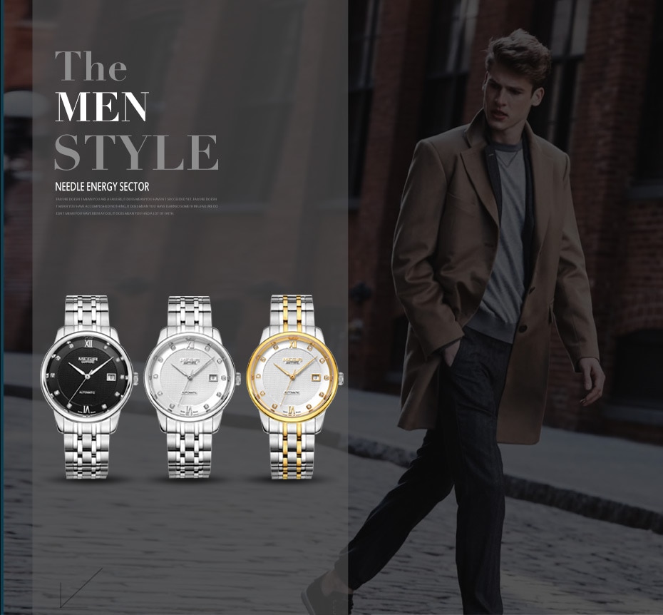 MEGIR Men's Mechanical Automatic Watch with Japan Movement luxury Stainless Steel Black Business Wrist Watches Man Montre Homme