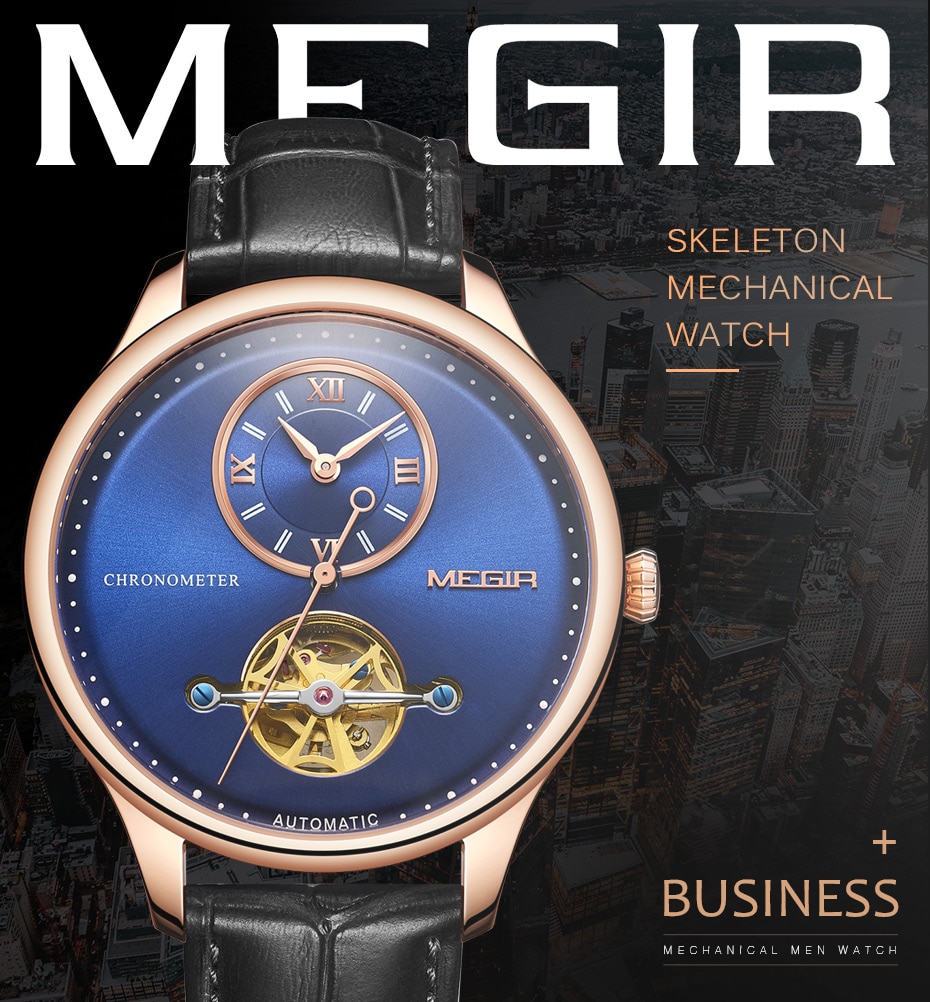 MEGIR Men Mechanical Wristwatches Blue Dial Automatic Watch for Men Brand Luxury Man Watches Clock Reloj Hombre Freeship by DHL
