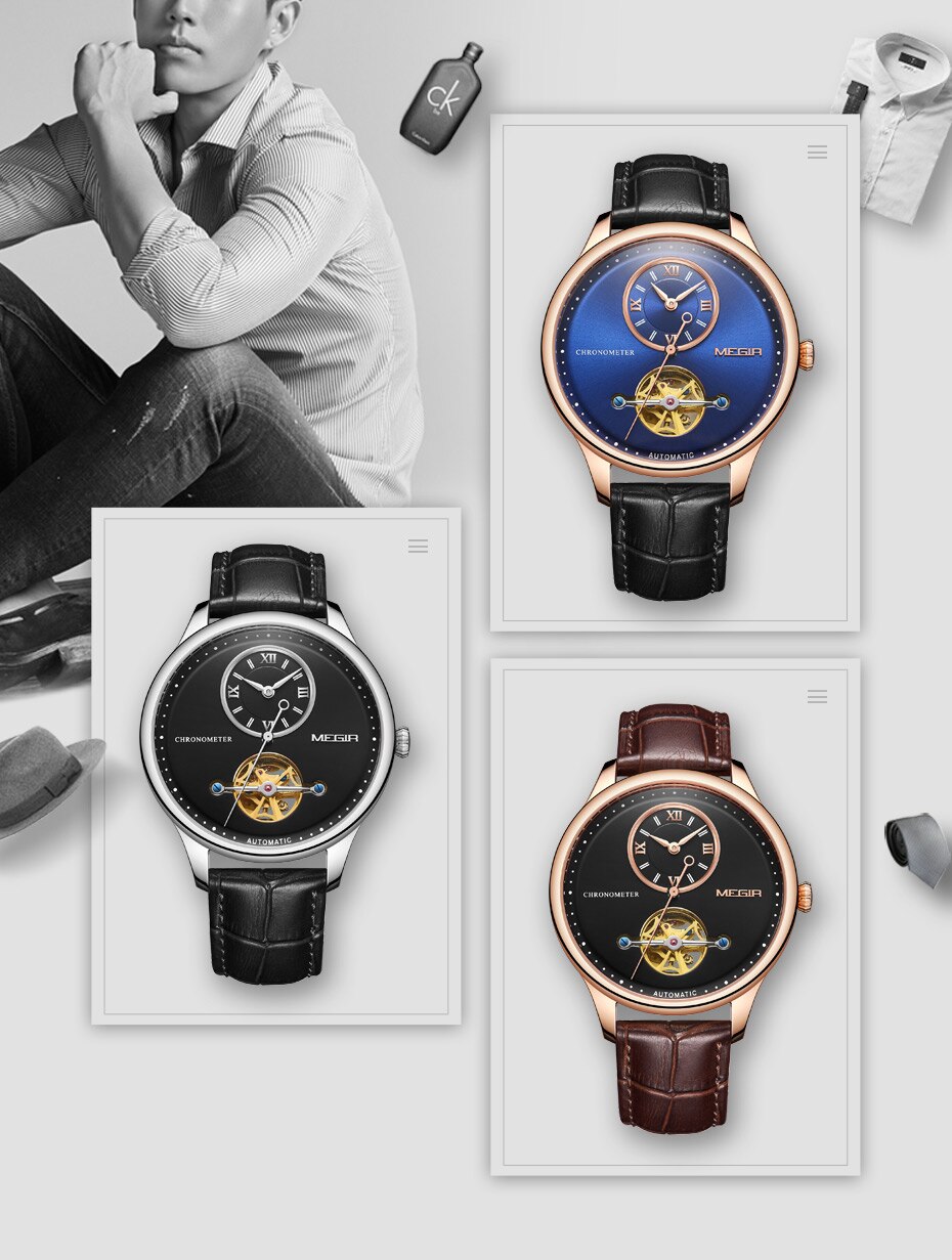 MEGIR Men Mechanical Wristwatches Blue Dial Automatic Watch for Men Brand Luxury Man Watches Clock Reloj Hombre Freeship by DHL