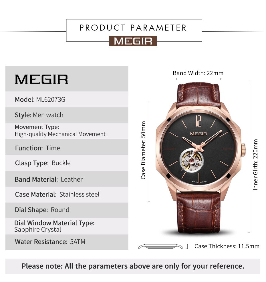 MEGIR Automatic Watch Men Mechanical Wristwatches with Miyota Movement Genuine Leather Man Mechanical Watches Freeship by DHL