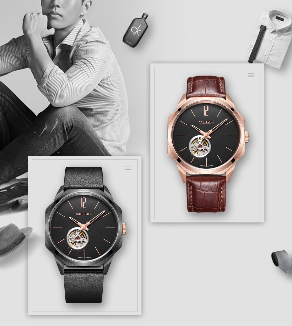 MEGIR Automatic Watch Men Mechanical Wristwatches with Miyota Movement Genuine Leather Man Mechanical Watches Freeship by DHL