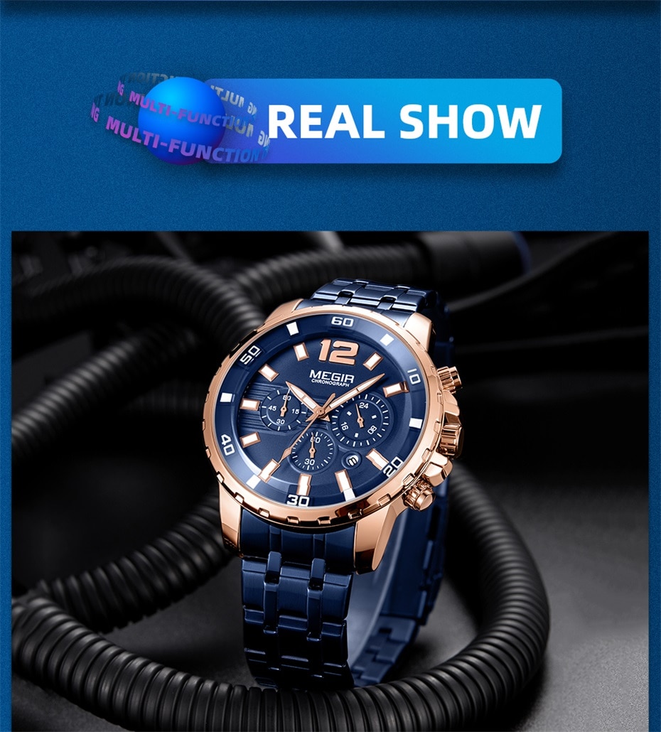 MEGIR Luxury Blue Watches Mens 2020 New Stainless Steel Waterproof Chronograph Army Military Wrist Watch for Men reloj hombre