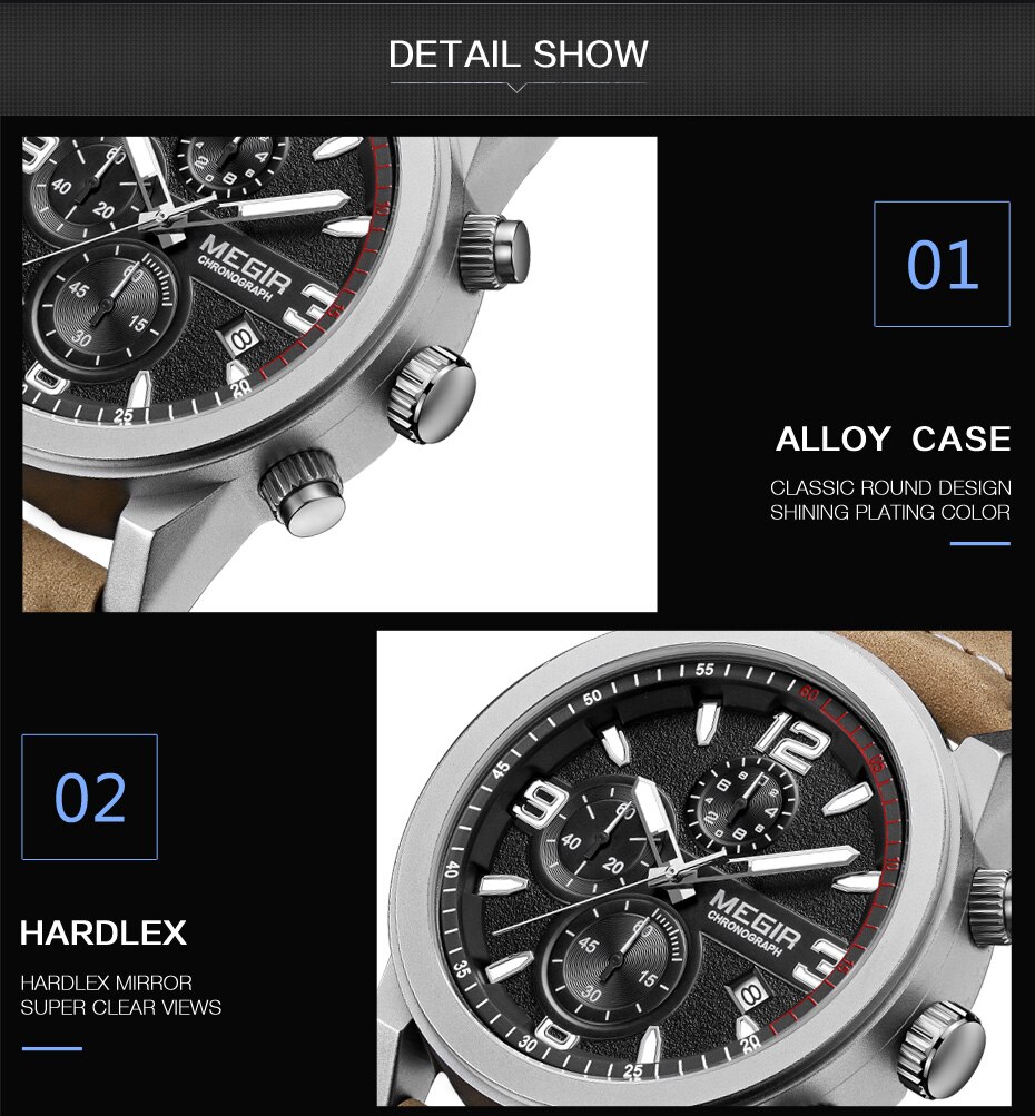 MEGIR Fashion Sport Watch Men Luxury Brand Men Quartz Watches Chronogragph Clock Leather Band Army Military Wrist Watch 2026