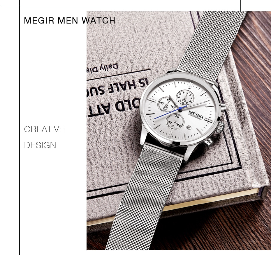 MEGIR Watch Men Stainless Steel Quartz Men Watches Chronograph Watch Clock Men Relogio Masculino for Male Students Relogios