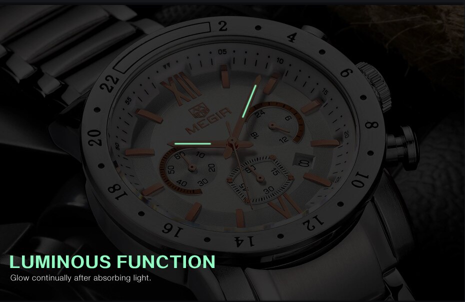 MEGIR Original Quartz Men Watch Stainless Steel Business Wrist Watches Clock Men Big Dial Waterproof Luminous Relogio Masculino