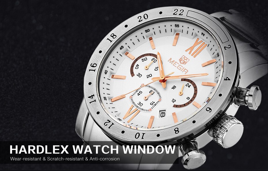 MEGIR Original Quartz Men Watch Stainless Steel Business Wrist Watches Clock Men Big Dial Waterproof Luminous Relogio Masculino