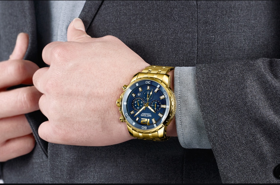 MEGIR Luxury Business Wrist Watch Men Brand Stainless Steel Chronograph Quartz Mens Watches Clock Hour Time Relogio Masculino