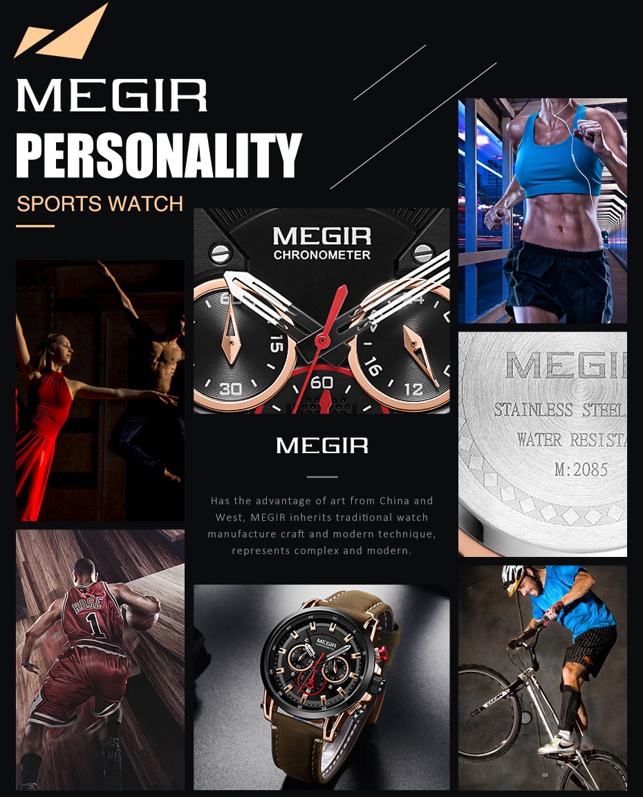 MEGIR Men Sports Watches Top Brand Luxury Leather Quartz Watch Men Clock Waterproof Army Military Wristwatches Relogio Masculino