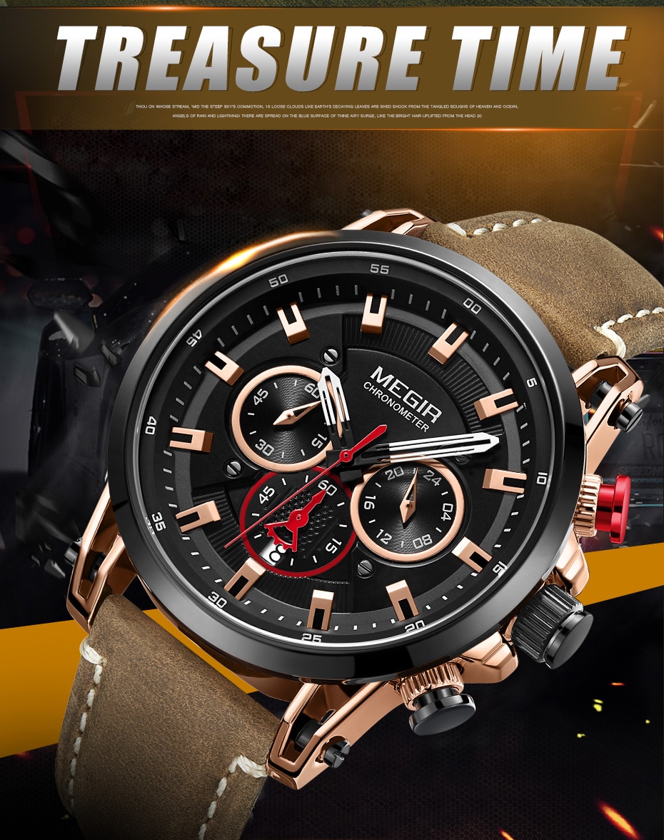 MEGIR Men Sports Watches Top Brand Luxury Leather Quartz Watch Men Clock Waterproof Army Military Wristwatches Relogio Masculino