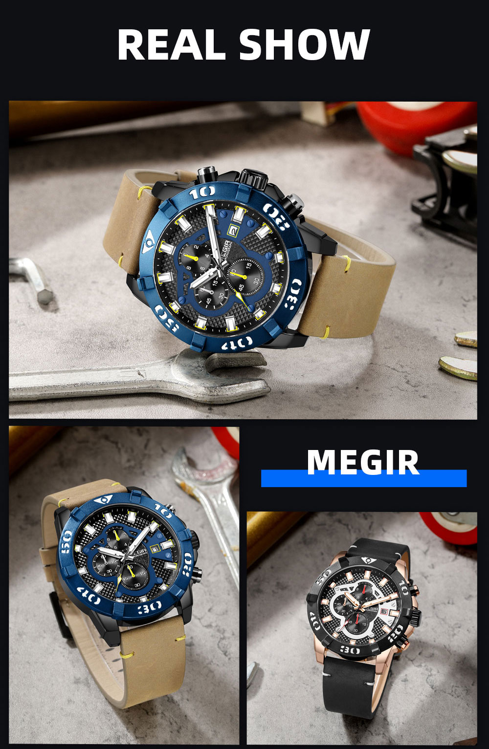 MEGIR Watches Men Fashion Leather Strap Chronograph