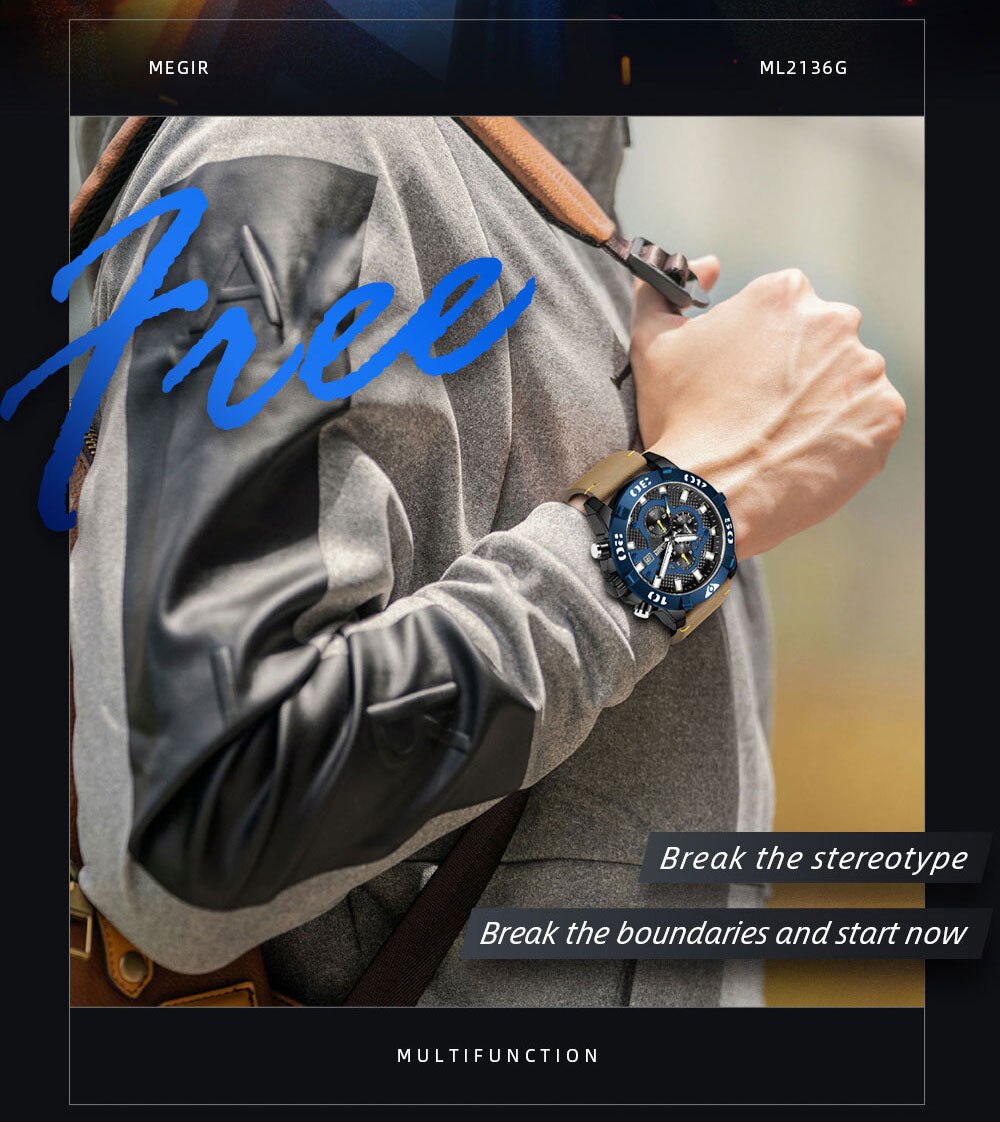 MEGIR Watches Men Fashion Leather Strap Chronograph
